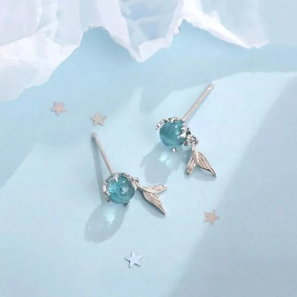 🍁Beautiful Mermaid Tear Round Sea Blue Stud Earrings, MLNN1159 - Picture 5 of 5